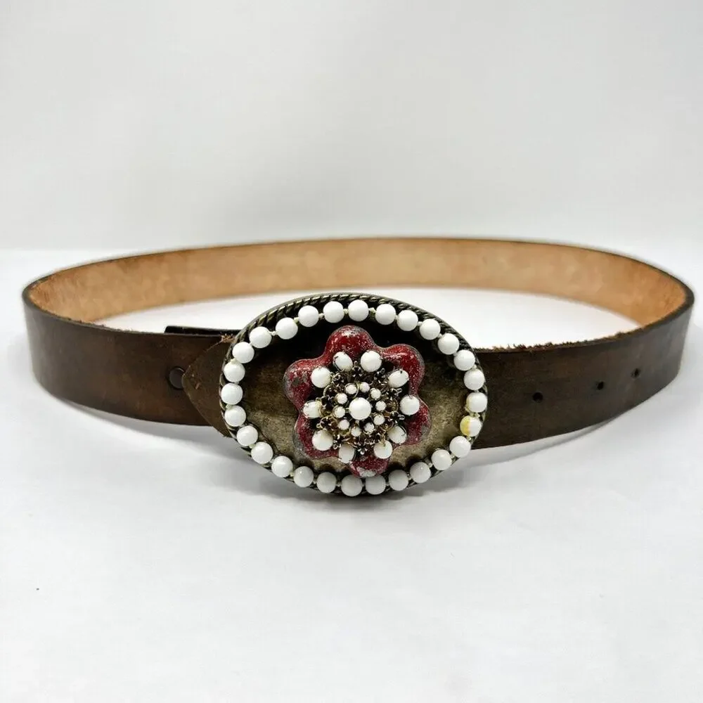 Ivan Tahan Vintage Western Leather Belt Floral Beaded Buckle Boho S/M